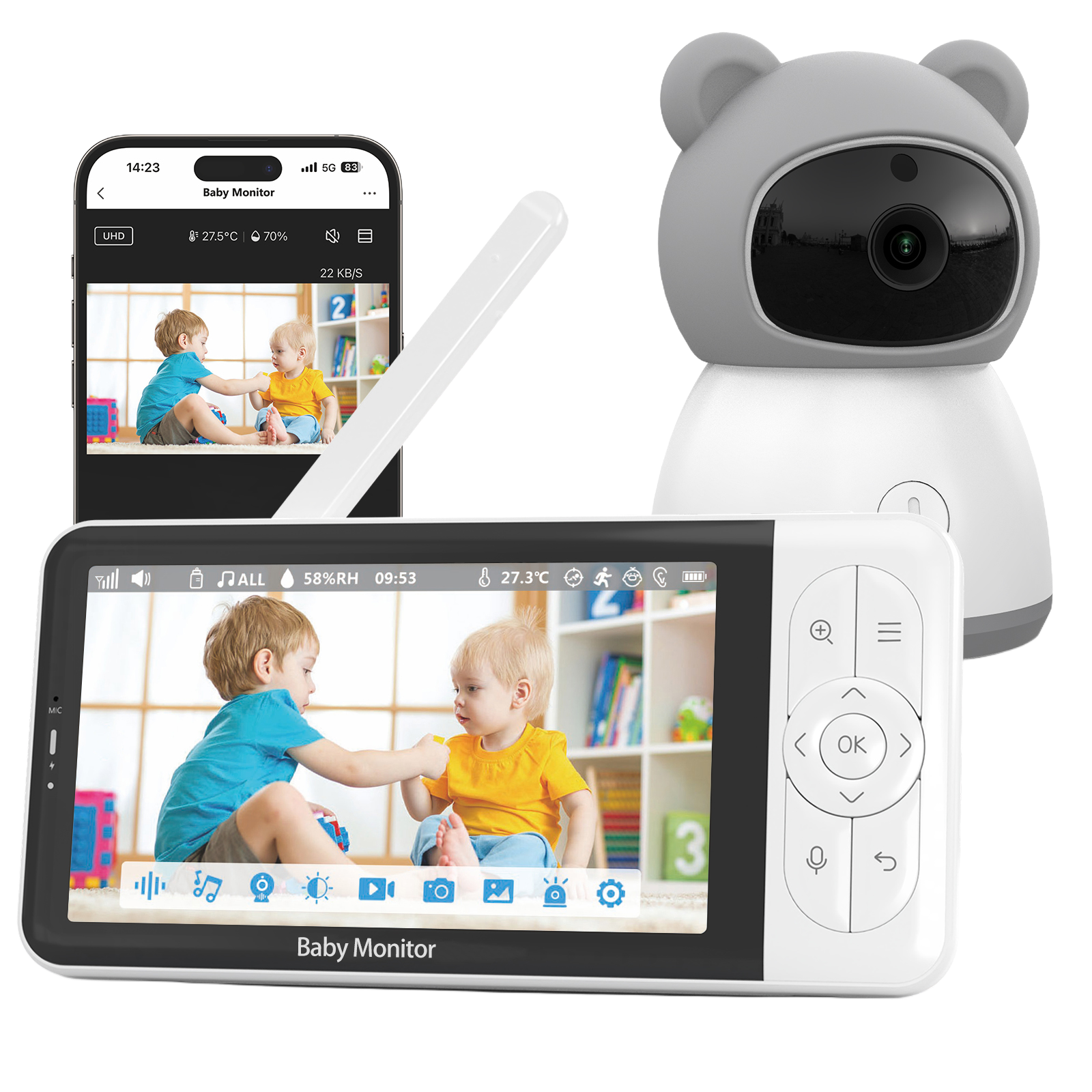 5 Inch 2K 3.0MP WIFI Tuya Dual Mode Baby Monitor Support Mobile Phone and Monitor with LED Light